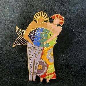 Laurel Burch Two Friends and a Fish Cloisonné Brooch-